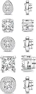 [Morfetto] 5 Pairs Stainless Steel Magnetic Stud Earrings for Women Men Non Piercing CZ Magnetic Stud Earrings Round Square Teardrop Faux Diamond Halo Clip On Stud Earrings Set