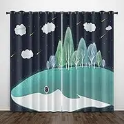 Exquisite Kids Blackout Curtains Black Cartoon Whale White Clouds 92x91 Inch Bedroom Eyelet Thermal Insulated Room Darkening Printed Curtains for Nursery,Set of 2 Panels