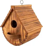 AIMALL Burned Colour Wooden Bird House Creative Solid Wood Breeding Box with Eaves Nest, Hanging Bird Shelter for Outdoor Decoration - 6.02in x 6.88in x 7.87in