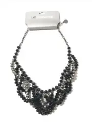 LIZ CLAIBORNE Black & Silver AB Crystal Bib Statement Necklace- NWT! 18” Women’s
