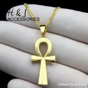 925 STERLING SILVER 16-24"X2MM GOLD PLATED CUBAN CHAIN ANKH CROSS PENDANT*AGP195