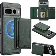 GoshukunTech for Google Pixel 7 Pro 5G Wallet Case with Card Holder,for Pixel 7 Pro Magnetic Case[Detachable Card Pocket] Leather Flip Cover[Support Magsafe or Wireless Charging]-Green