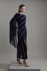 Petite Fringed Velvet Devore Long Sleeve Woven Maxi Dress