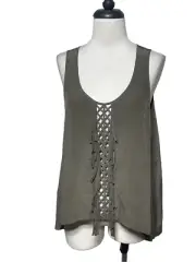 BCBGMAXAZRIA NWT Mura Dusty Olive Sleeveless Silk Fringed Top Size Small