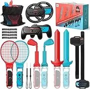 20 in 1 Switch 2 Sports Accessories Bundle & Steering Wheels/ Joy-Con Grips Compatible with Nintendo Switch 2/ Switch/ OLED Console & Joy-Con for NS2 Mario Kart World & Switch Sports Games