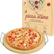 Caprihom Round Pizza Stone for Grill 16 inch with Handles - Heavy Duty Cordierite Pizza Stone for Oven -Thermal Shock Resistant Baking Stone, Includes Metal Rack & Scraper