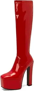 [FEBSDHSMI] Platform Boots for Women Knee High Square Toe Tall Boots Block Chunky Heel Stretchy Leather Long Boots