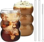 Drinking Glasses with Glass Straw 2pcs Set - 550ml Bubble Glass Cups, Latte Macchiato Glasses Set, Beer Glasses, Iced Coffee Glasses, Cute Tea Cup, Ideal for Cocktail, Whiskey