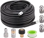 Sewer Jetter Kit for Pressure Washer, 100 Feet Hose, 1/4 Inch NPT Drain Cleaning Hose, Orifice 5.5, 4.5, 4.0 Button Rotating and Button Hose Sewer Jetting Nozzle (4000 PSI)