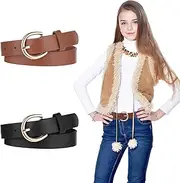 [Molain] 2 Pack Girls Belt, 32.3 Inch Kids Elastic Belt PU Leather Waist Belt with Double O Ring Buckle Exquisite Comfortable Skinny Strappy Waist Belt for Kids Dress Pants Jeans