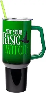 Silver Buffalo Wicked Elphaba Not Your Basic Witch Ombre Stainless Steel Tumbler with Handle and Straw, Fits in Standard Cup Holder, 40 Ounces