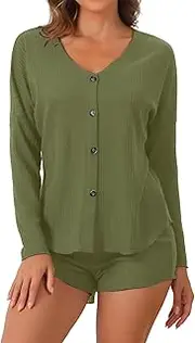 [cheibear] Womens Waffle Knit Pajama Sets Button Down Lounge Set Long Sleeve Top and Shorts PJ Sets Soft Matching Loungewear