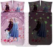 Frozen Elsa & Anna Bed Linen Set 100 x 135 cm and Pillowcase 40 x 60 cm 100% Cotton | Glow-in-The-Dark Duvet Cover Set for Children | Reversible Bedding Set for Girls | Magical Children's
