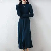 Long-Sleeve Crew Neck Plain Knit Midi A-Line Dress Peacock Blue - One Size