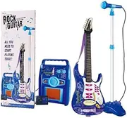 Kids Electric Rock Toy Guitar Music Play Set with Whammy Bar, Amp, Microphone with Adjustable Stand and AUX Plug Karoke Toy