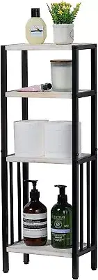 White Wood and Black Metal Bathroom Floor Standing Shelf, Bath Storage Shelf