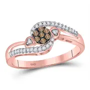 10k Rose Gold Round Brown Diamond Cluster Double Heart Ring 1/6 Cttw