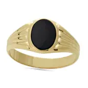 Oval Onyx Ribbed Shank Signet Ring in Solid 14K Gold - Size 7