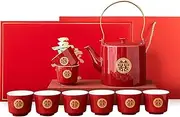 Wedding Tea Set, Chinese Traditional Wedding Decoration Double Happiness Porcelain Red Wedding Tea Set, Kung Fu Tea Set, Handmade Porcelain Ceramic 1 Tea Pot 8 Tea Cups 1 Gift box For Married Couples