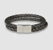 $35 Bespoke Men's Black Double-Strand Braided Leather Metal Clasp Bracelet
