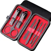 KLVN 7Pc Nail Tool Stainless Steel Nail Clipper Cutter Trimmer Ear Pick Grooming Kit Manicure Pedicure Scissor Tweezer Nail Tools Set(Red)