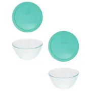 Pyrex (2) 7402 6-Cup Sculpted Glass Bowls and (2) 7402-PC Light Green Lids