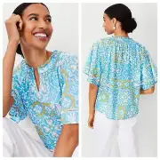 NWT Ann Taylor Tile Print cutout Flutter sleeve blue top size small