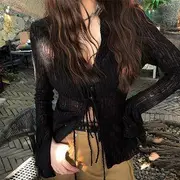 Bell Sleeve V-Neck Collared Plain Sheer Tie Front Blouse Black - One Size