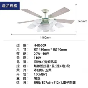 【哈帝Hardee】設計吊扇 DC變頻馬達 有燈款 60吋 H-86609(藍綠色)