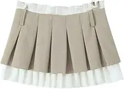 [SWEPER] Women's Short Skirts - Spring Patchwork Women Pleated Skirts Zipper Low Rise A-Line Female Extreme Short Mini Skirt with Shorts