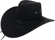 [UWANTC] Mens Faux Felt Western Cowboy Hat Fedora Outdoor Wide Brim Hat with Strap
