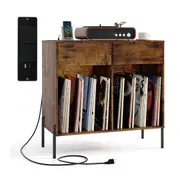 Costway Record Player Stand Double Wide Turntable Stand w/Power Outlets Display Shelf Brown