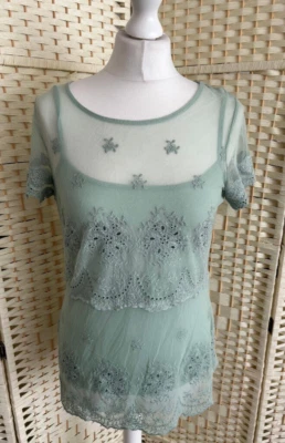 NWT UK 10 Phase Eight Sage Green Blouse Top T-Shirt Lace Sheer Short sleeve
