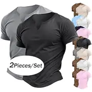 2 Pack Men's Cotton Blend T-Shirt Short Sleeve Crew Neck V Neck Summer All Seasons Plain Fashion Classic Casual 2 pcs Matching Street Casual Sports Top Tee for