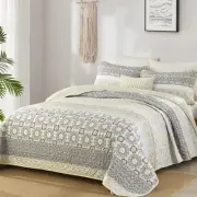 WONGS BEDDING Boho Quilt Set Queen Size,Beige Bohemian Striped Patchwork Beds...