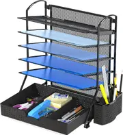 Black Desk Organizer with 6 Trays & Sliding Drawer