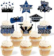 2025 Graduation Cupcake Toppers - 48 Pcs Blue Graduation Party Supplies Mini Cake Food/Appetizer Picks For Class of 2025 Graduation Decorations