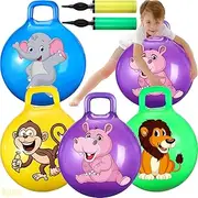 Wettarn 4 Pcs 18 Inch Bouncy Ball for Ages 6, Hopper Ball with Handle and Pump, Hippity Hop Jumping Bouncing Ball with Cartoon Animal, Exercise Hopping Ball for School Team Family Ride, Racing