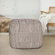 L.R. Resources, Inc Adrian Natural Tan and Cream Geometric Checkerboard Rustic Handmade Cotton and Jute Indoor Cube Pouf Ottoman