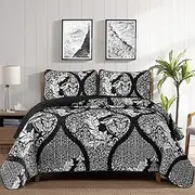 DJY Black Quilt Set King Size, Boho Damask Bedspread Coverlet Set Soft Lightweight Microfiber Bedding Set 3 Pieces for All Season (104/''x90/''), King (104/''x96/'')