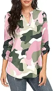 [NILOUFO] Womens Casual Summer Shirts Notch V Neck Blouses 3/4 Roll Sleeve Tops Tunics