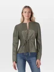 Green Lamb Leather Collarless Jacket