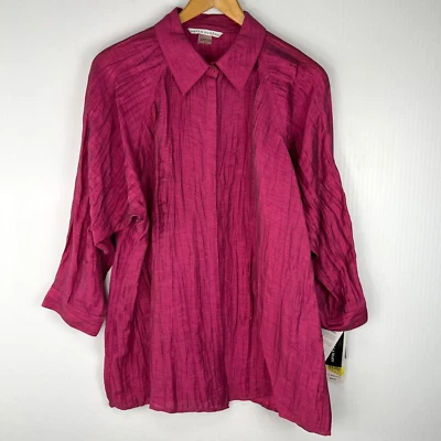 Peter Nygard Blouse Women 12 Linen Crinkle 3/4 Dolman Sleeve Button Work Core Ne