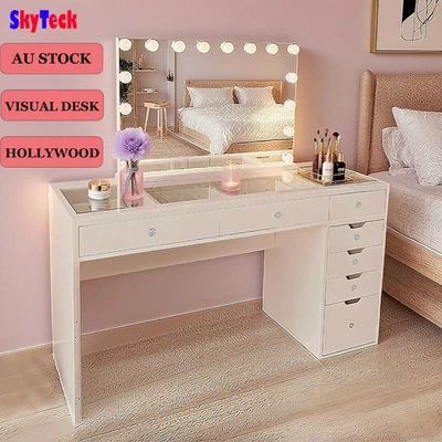 SKYTECK Visual Glass Top Vanity Dressing Table Large Mirror Makeup Desk White-10