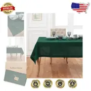 Handcrafted Rainforest Green Linen Tablecloth 60x108 - Modern Hemstitch Style