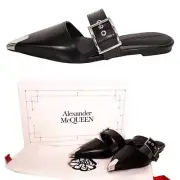37.5 NEW $1050 ALEXANDER MCQUEEN Black Leather METAL POINT TOE SlipOn Mule FLATS