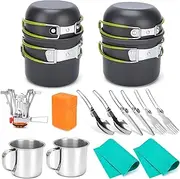 VECKYJL Camping Cookware Kit, Camp Cooking Set with Camping Pots Pans, Mini Stove, 2 Cups, Fork Spoon, Survival Cooking Kit for Backpacking, Outdoor Hiking and Picnic