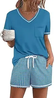 [Ekouaer] Women's Pajamas Sets Short Sleeve Pjs Two Piece Sleepwear Casual Lounge Sets With Pockets Plaid XL, Plaid Blue White, X-Large