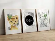 Set of 3 Custom A4 Nursery Playroom Wall Art Prints, Safari Animal Wall Decor