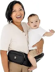 HACKERLILY HipSurfer Hip Seat Baby Carrier & Bum Bag For 0-3 Years Babies - Multi-Award Winning, Ergonomic Baby Hip Carrier in Australia For Newborns & Toddlers, Vegan Leather, Inbuilt Storage (BLACK)